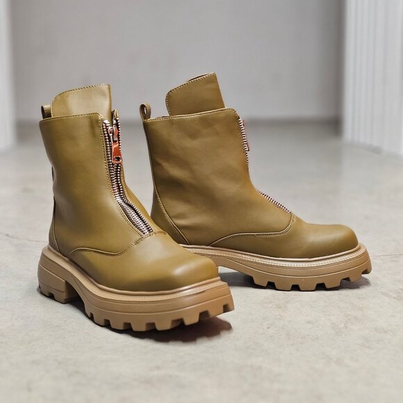 Shoes - Chunky Sole Olive Green Leather Ankle Boots With Front Zipper And Lug Outsole Fo